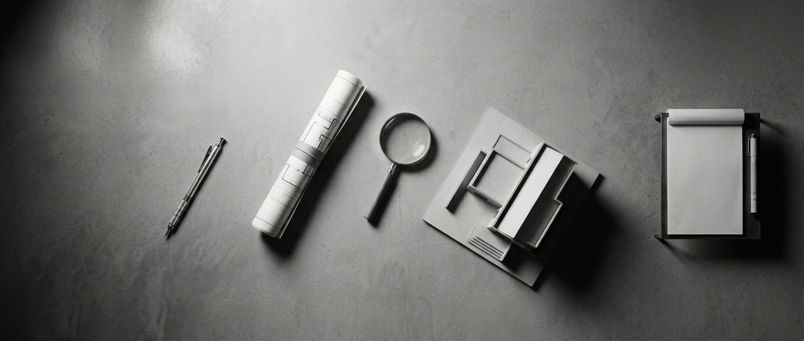 Architectural plans, a magnifying glass and a house model representing a CGT valuation 2027